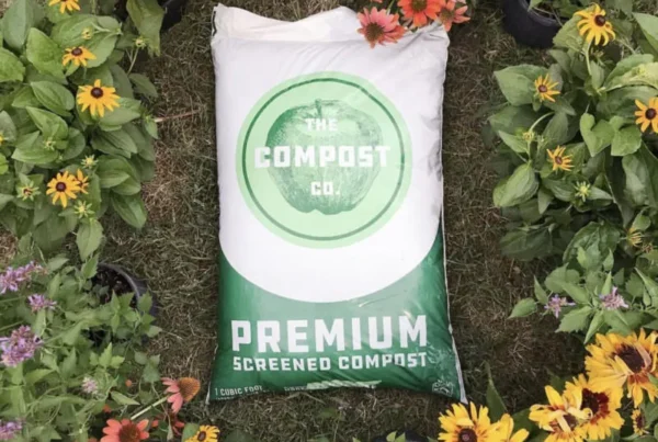 The Compost Company's organic bagged compost placed on a flower bed in full bloom.